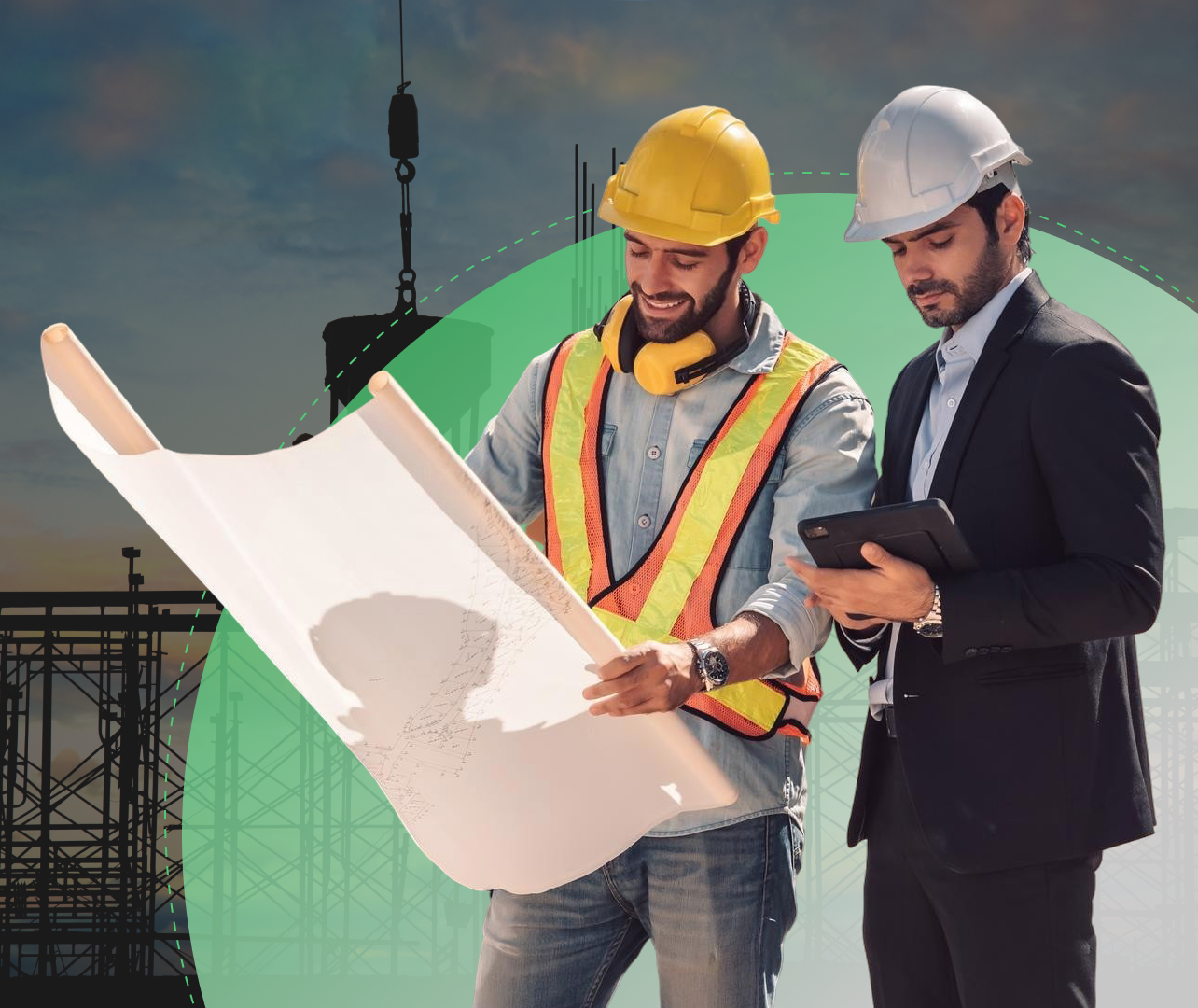 Two construction professionals reviewing blueprints on a job site, with hard hats and safety vests.