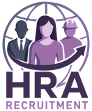 HRA Recruitment logo with three purple professional silhouettes and globe icon