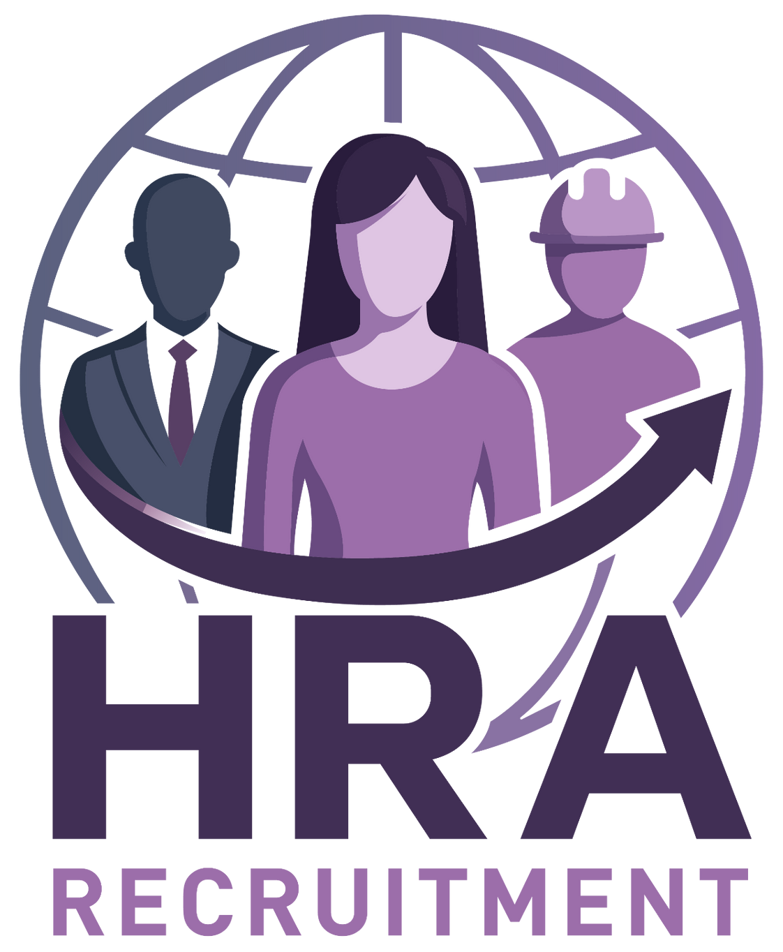 HRA Recruitment logo with three purple professional silhouettes and globe icon