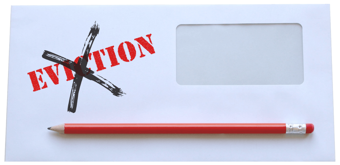 An envelope with the word eviction crossed out and a pencil next to it.