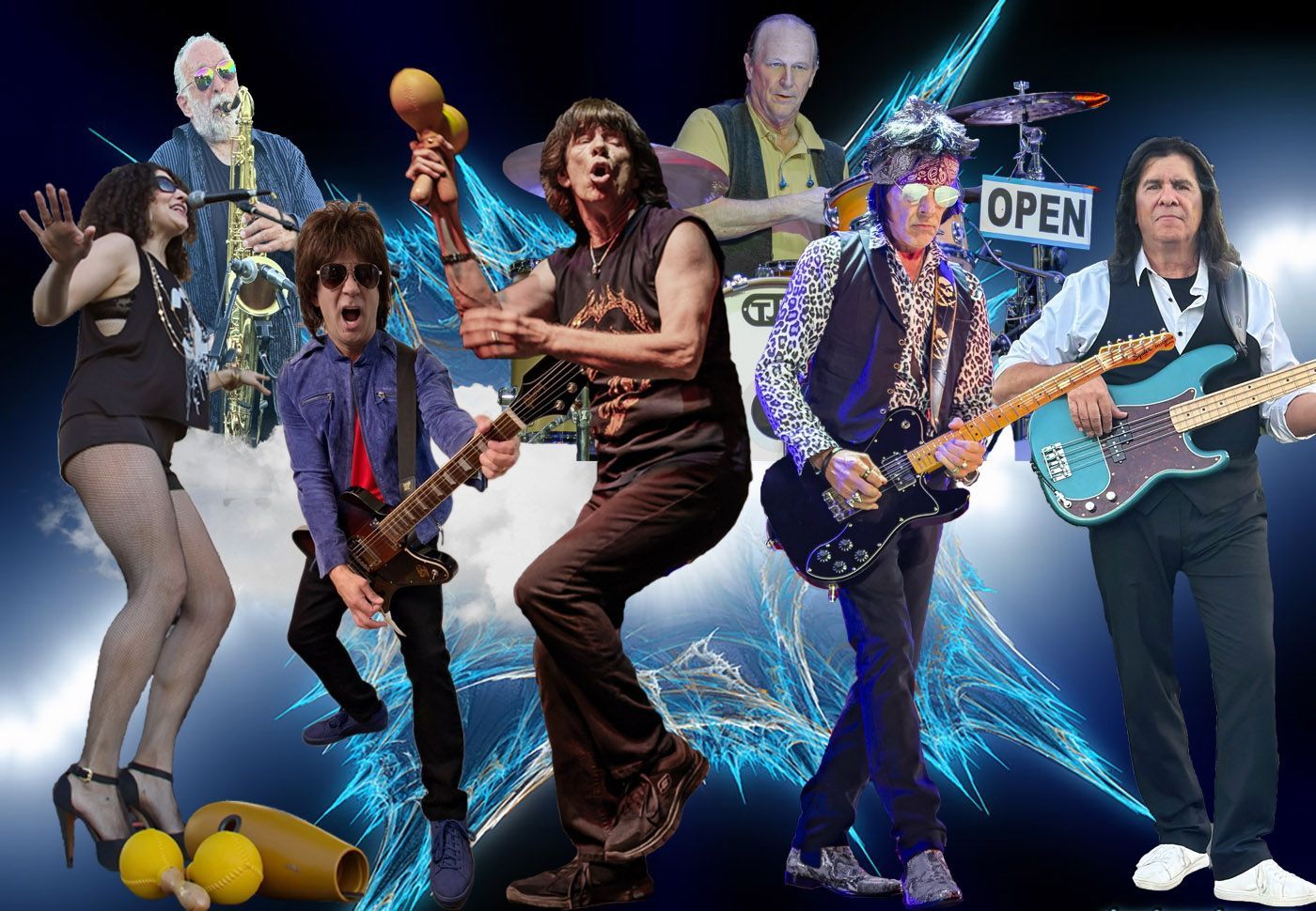 Rock band performing on stage with electric guitars, colorful lights, and an “OPEN” sign in the background