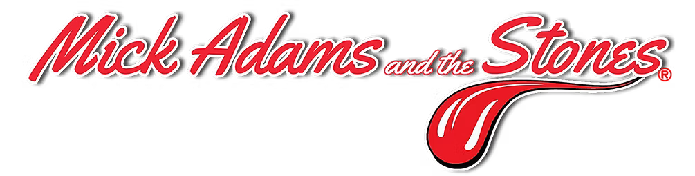 Red script logo reading “Mick Adams with The Stones” on a white background