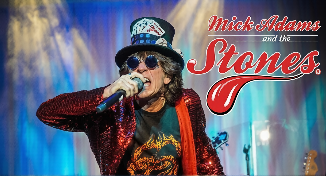 Singer in red sequined jacket and top hat performing on stage with “Mick &... Stones” text behind.