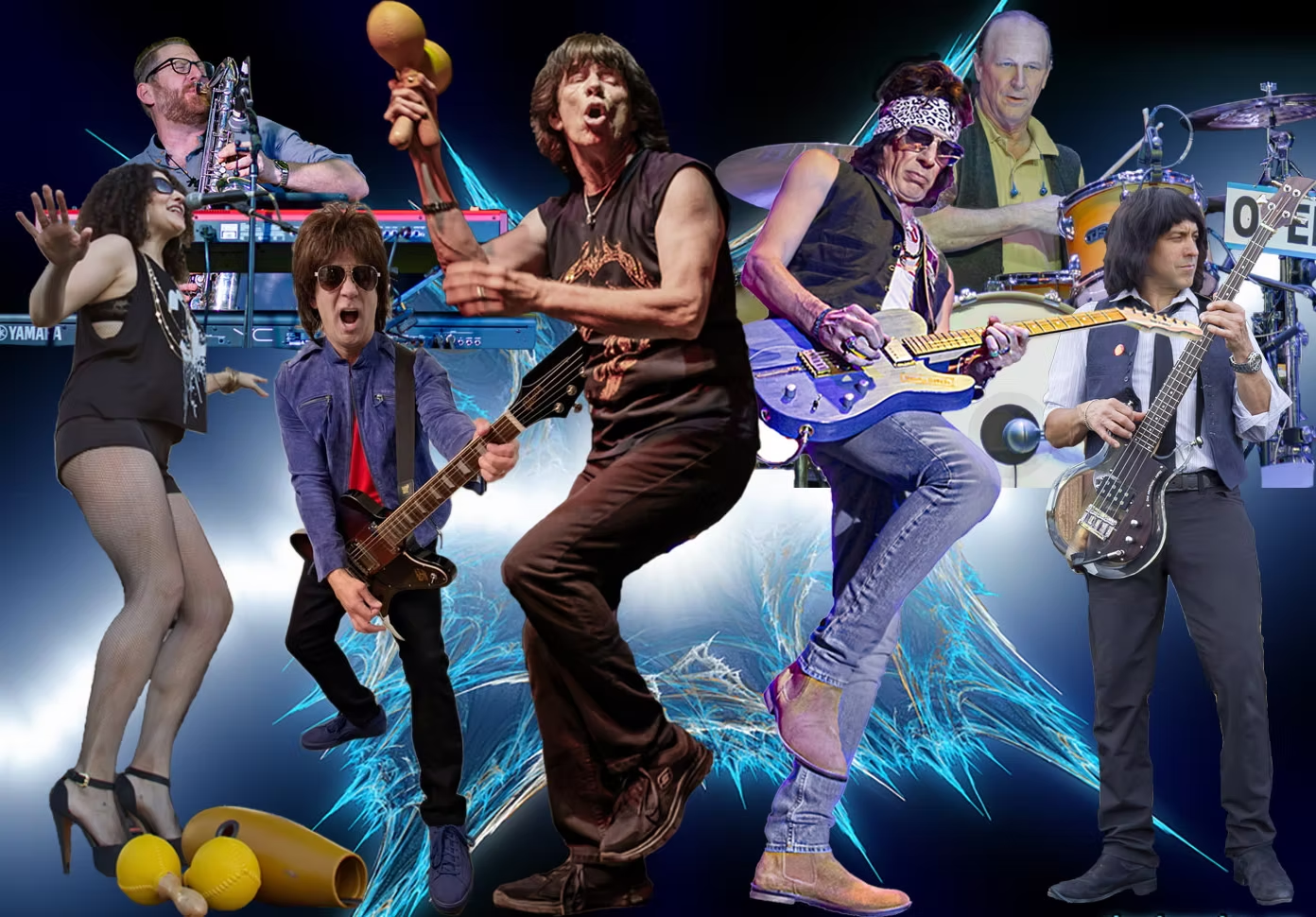 Band performing rock music on a neon-lit stage, with guitars, drums, and dynamic jumping poses