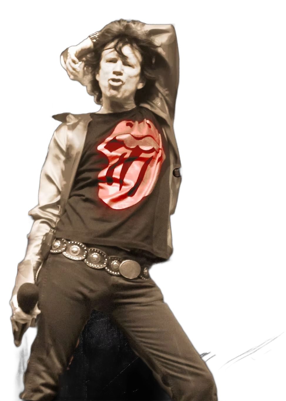 Pale figure posing in a metallic jacket and black shirt with a red emblem, against a white background