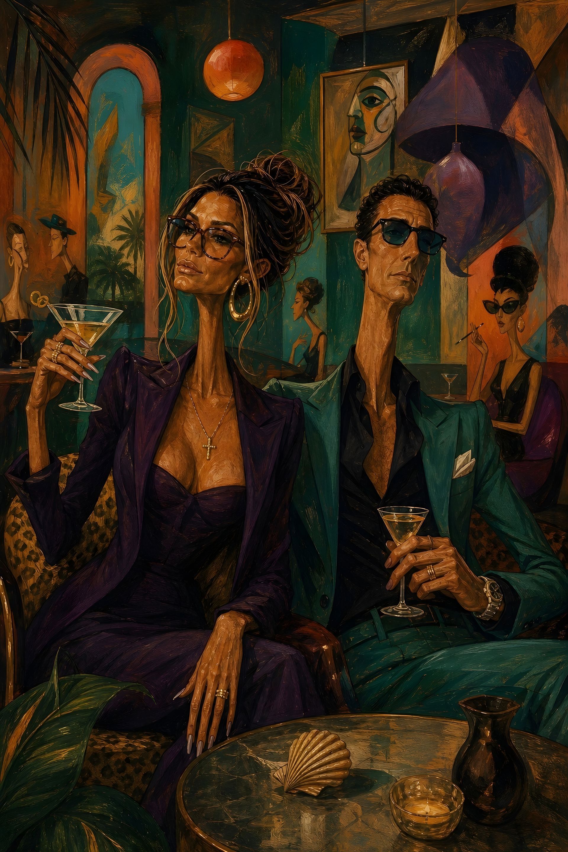 Stylized lounge scene with two people in teal suits, drinks, and warm orange-purple lighting