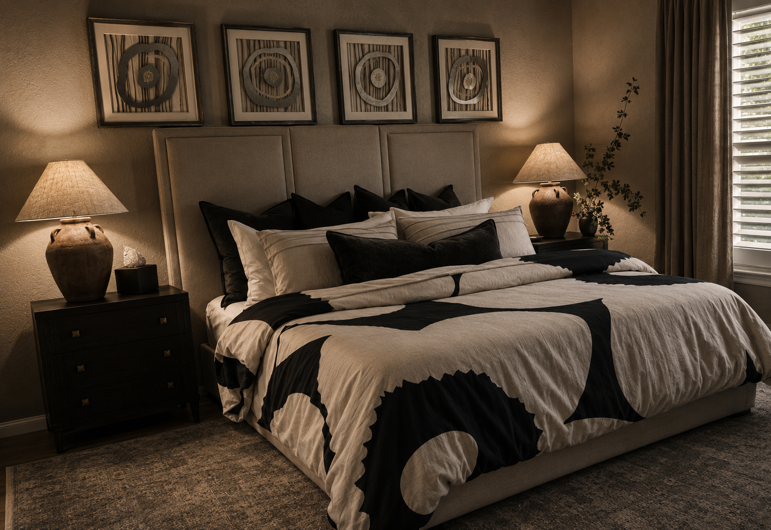 Cozy bedroom with a large bed, framed wall art, bedside lamps, and striped bedding.