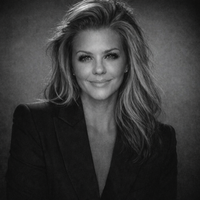 Black-and-white portrait of a smiling person in a dark blazer, with voluminous hair.