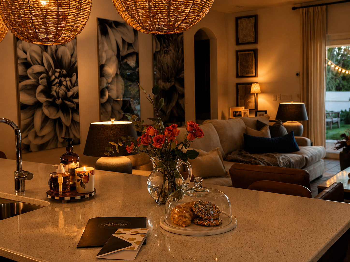 Cozy living room at dusk with warm lamps, floral wall art, and a candlelit dining table with flowers.