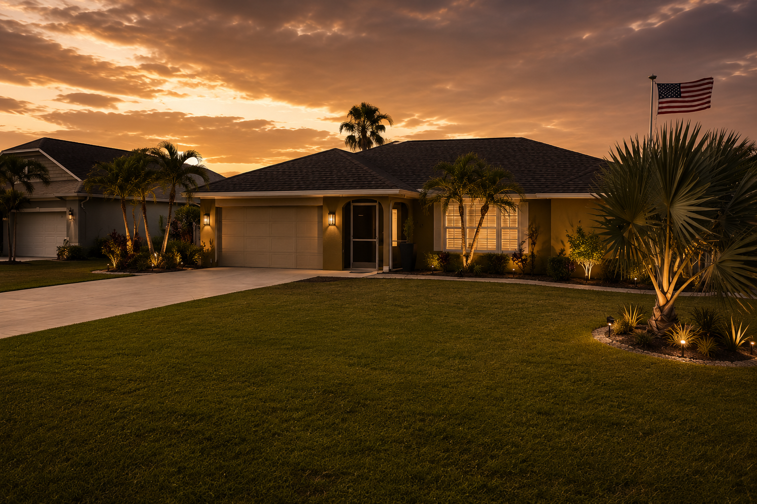 Suburban house at sunset with a lit lawn and an American flag waving in the yard