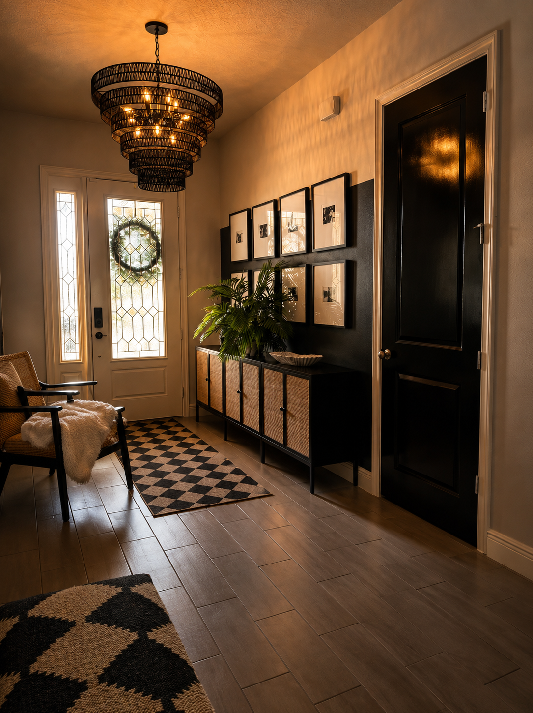 Elegant hallway with chandelier, black front door, patterned rug, and console table with plants and framed art