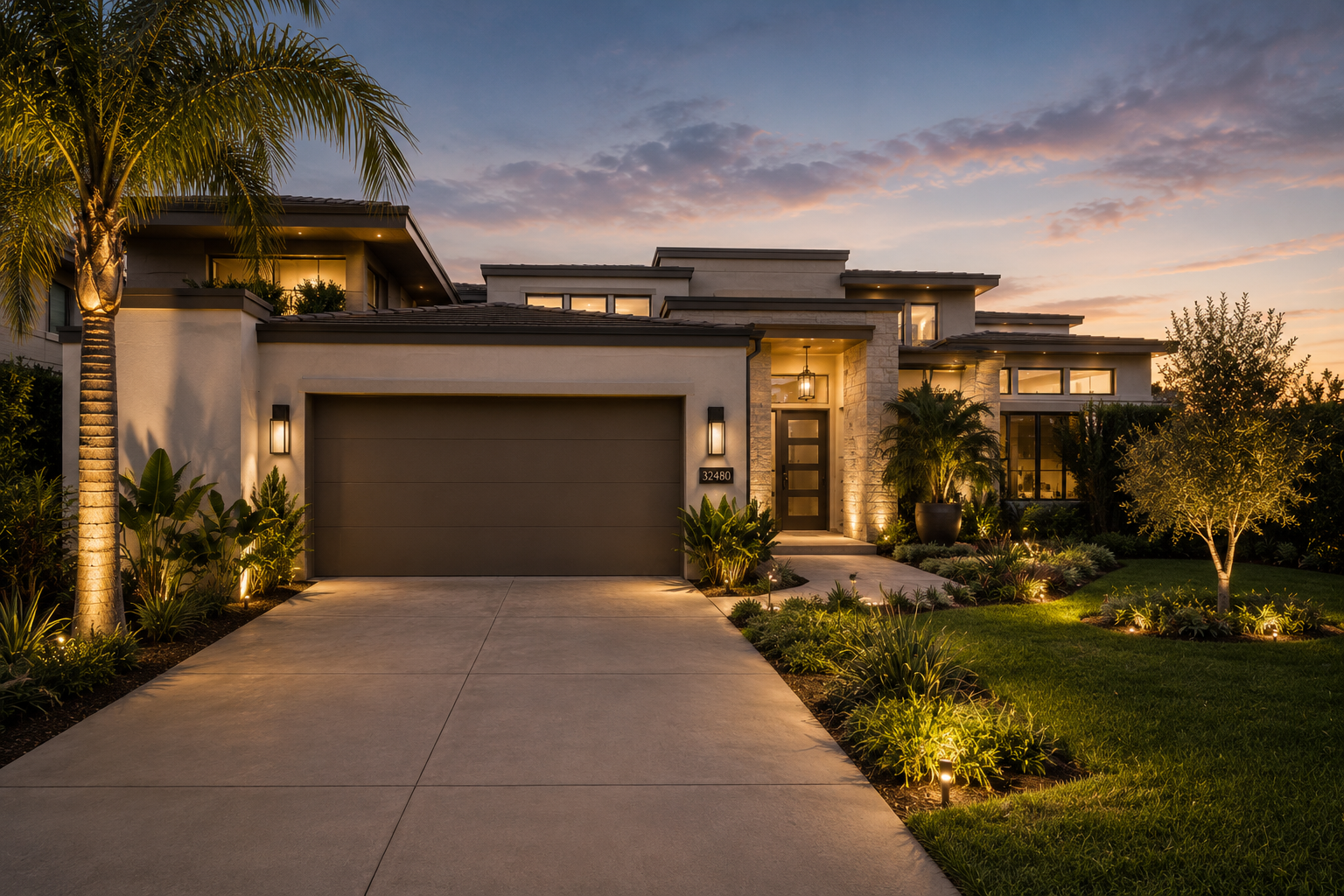 Modern house at dusk with lit landscaping, a driveway, garage, and palm trees