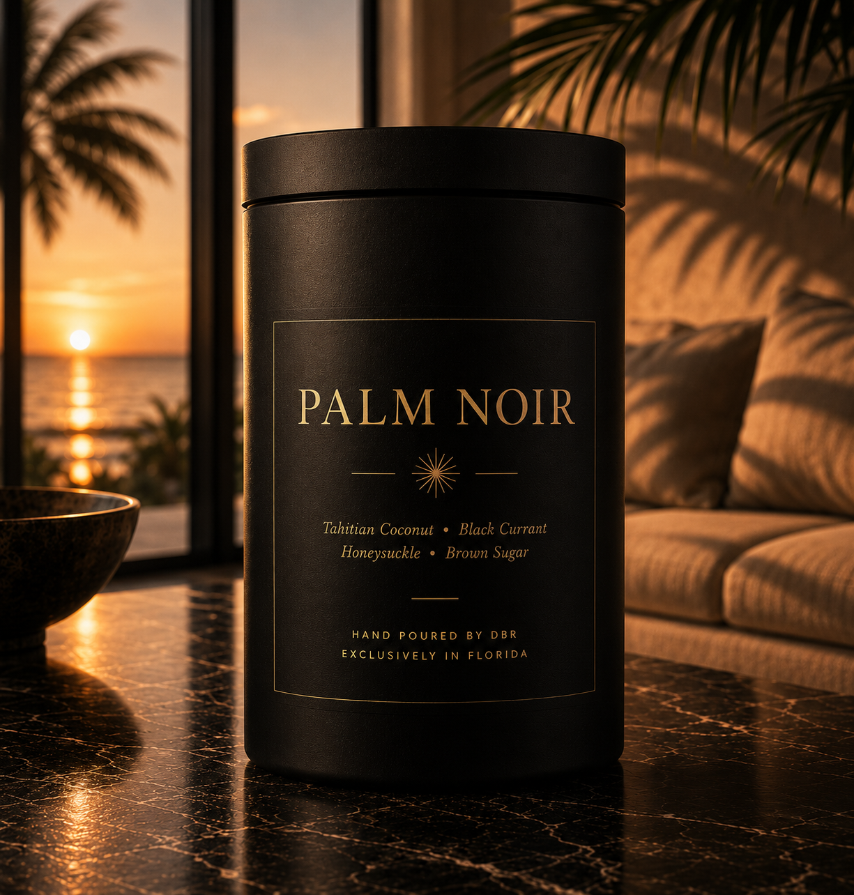 Black “Palm Noir” candle jar on a table, with a sunset and palm-fringed beach in the background