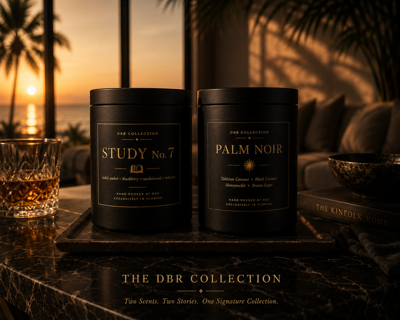 Luxury candles and glassware on a sunset-lit table with palm trees in the background