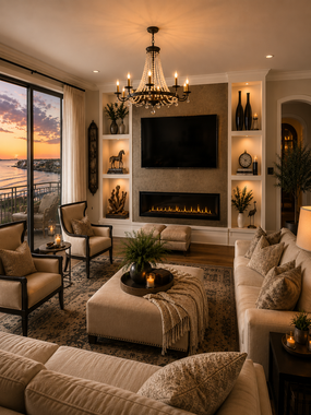 Elegant living room with chandelier, fireplace, wall-mounted TV, and sunset view through large windows