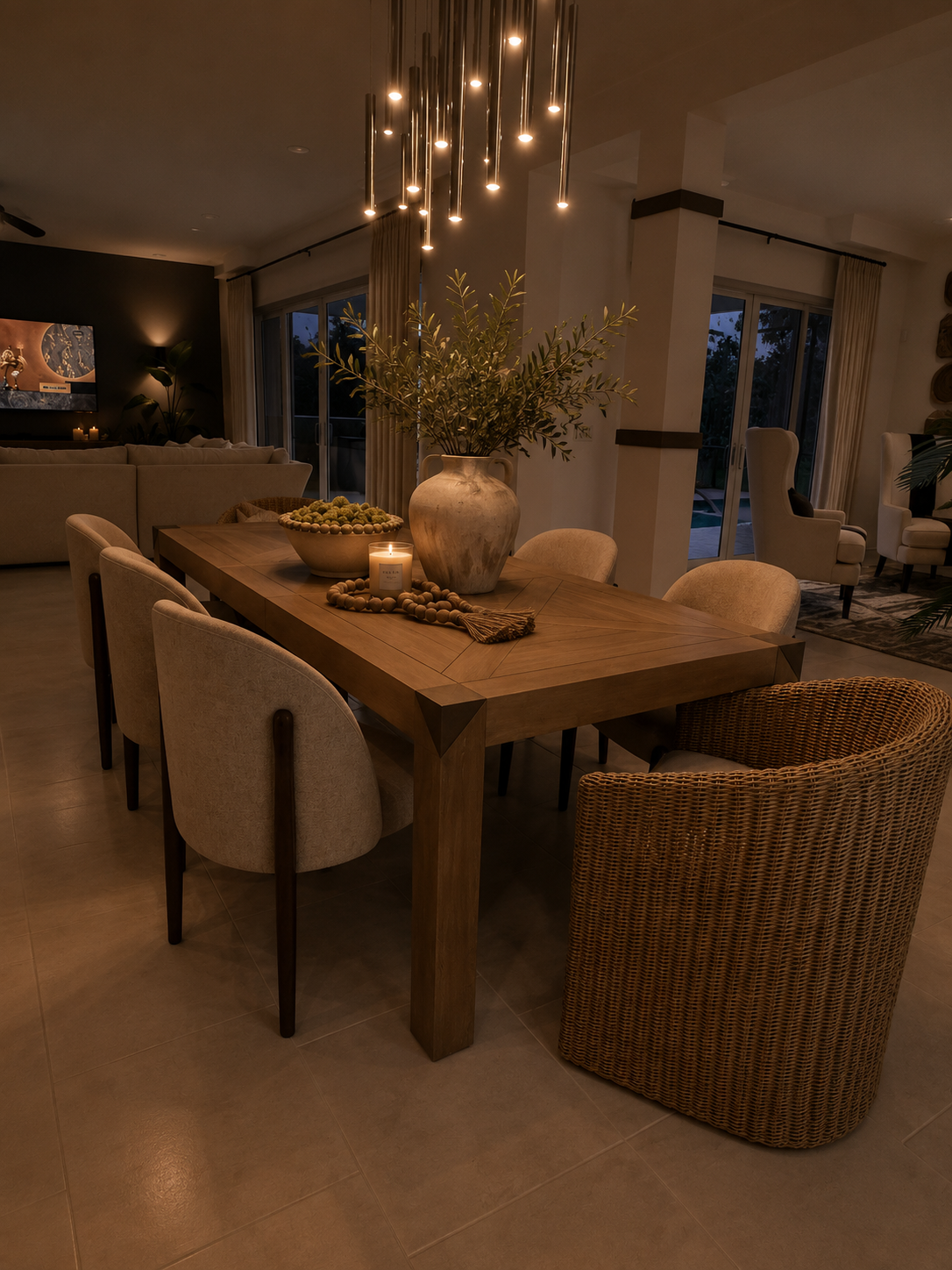 Cozy dining room with a wooden table, upholstered chairs, woven stools, and warm pendant lighting