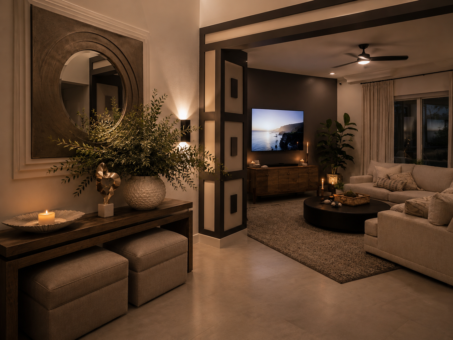 Cozy living room with warm lighting, beige sofa, console table, TV, and indoor plants.