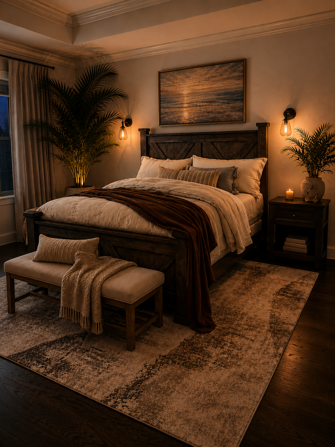 Warm, dimly lit bedroom with a bed, bench, rug, wall art, and potted plants