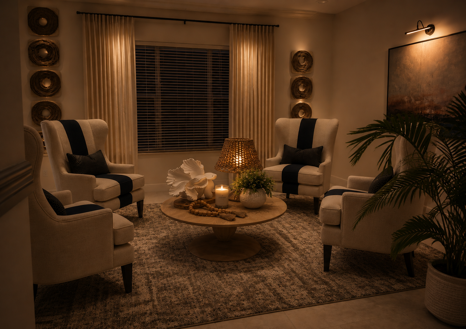 Warm, dimly lit living room with two armchairs, a sofa, coffee table, rug, and decorative accents