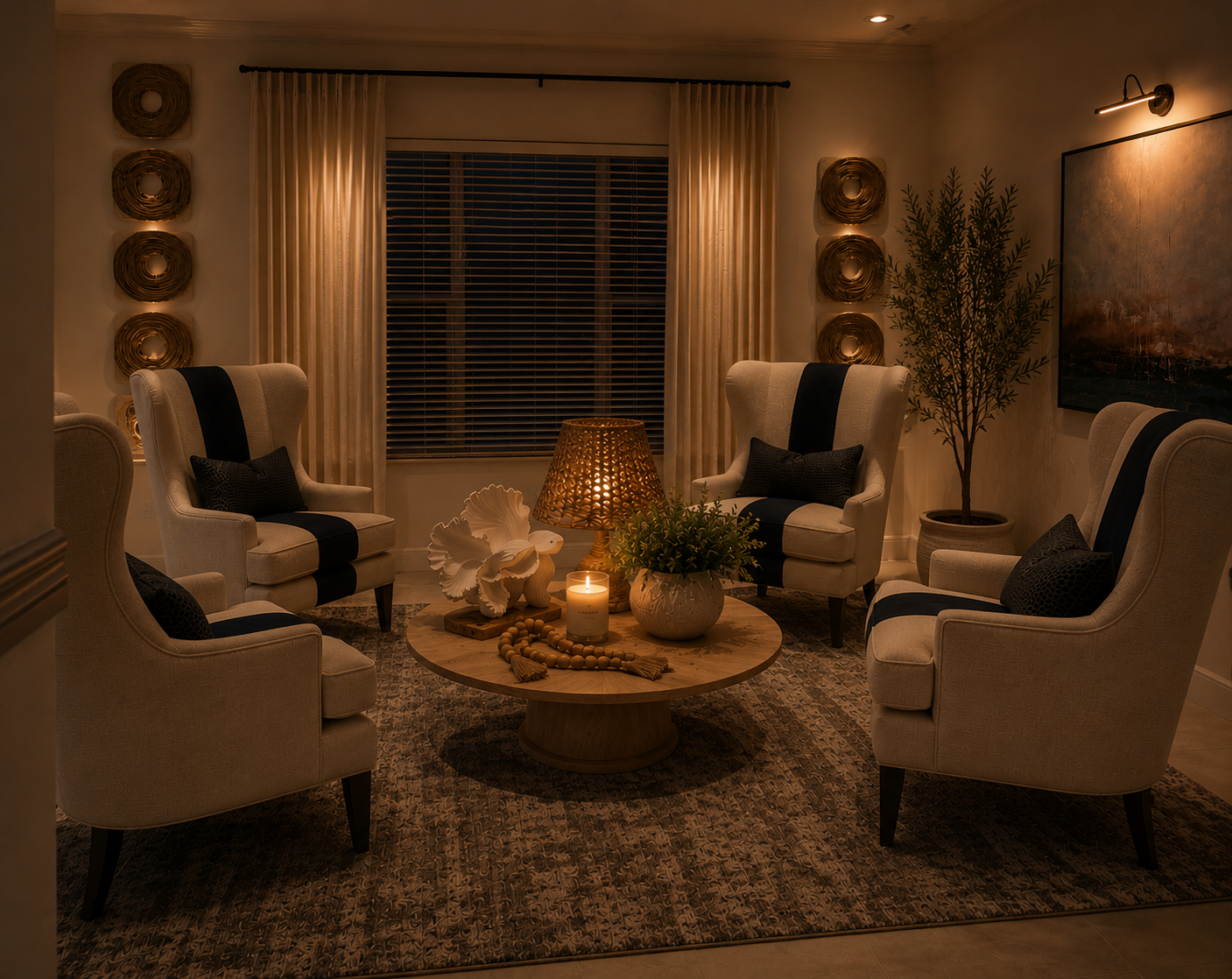 Cozy living room with two armchairs, a round coffee table, candles, and warm ambient lighting.