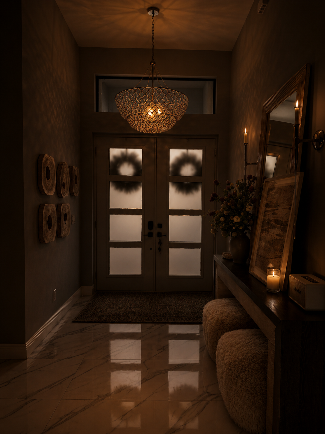 Dimly lit foyer with double front doors, chandelier, glossy tile floor, and a decorated bench.