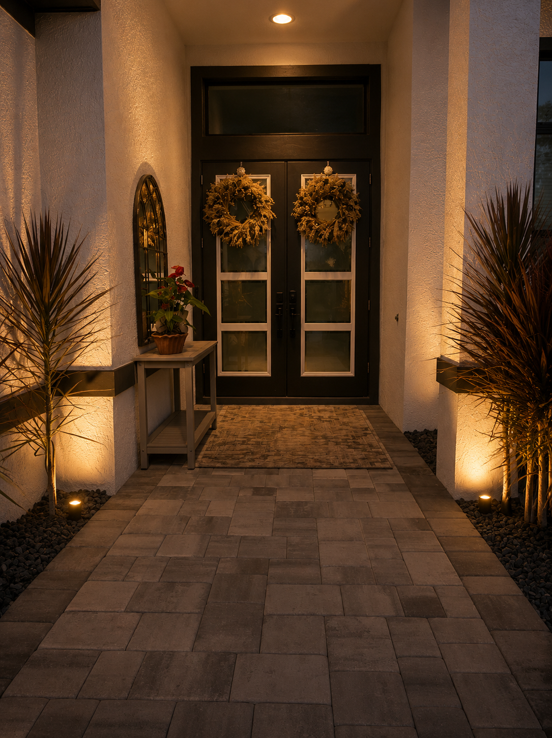Candlelit front entrance with double doors, wreaths, and stone walkway at night