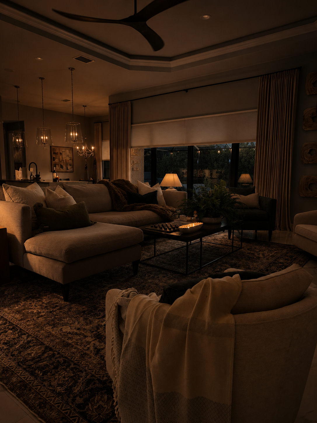 Cozy dimly lit living room with sofas, lamps, curtains, and a large window at night