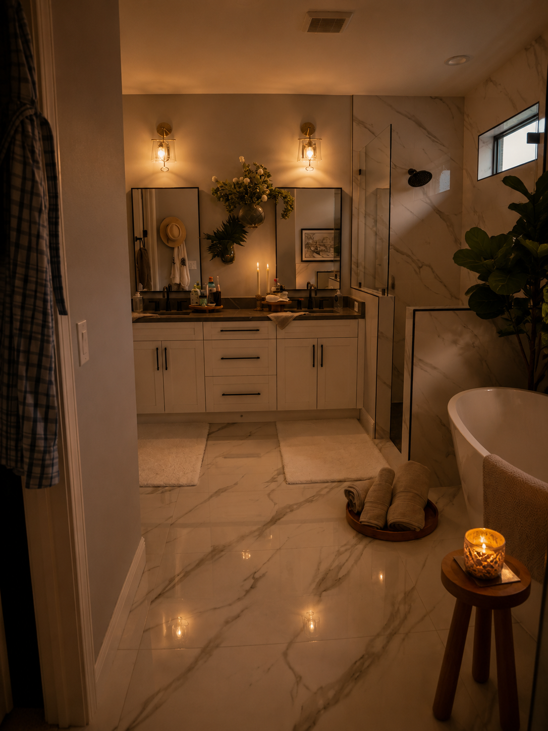 Warm-lit modern bathroom with marble floor, vanity, candles, plant, and a freestanding tub.