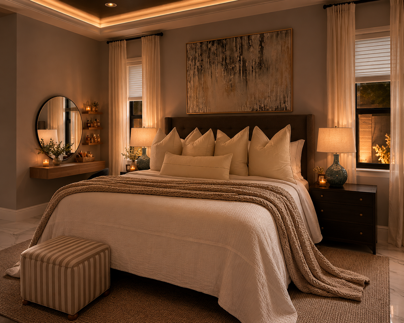 Warm, elegant bedroom with a large bed, neutral decor, and soft ambient lighting