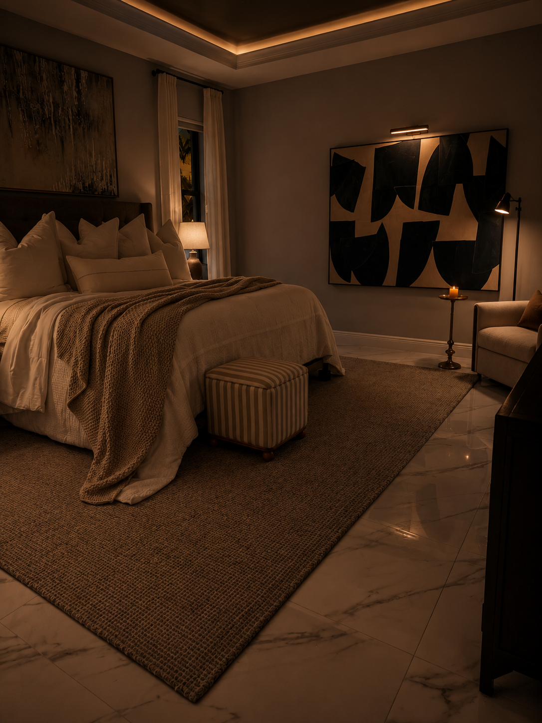 Warm, dimly lit bedroom with a large bed, textured rug, and abstract wall art.