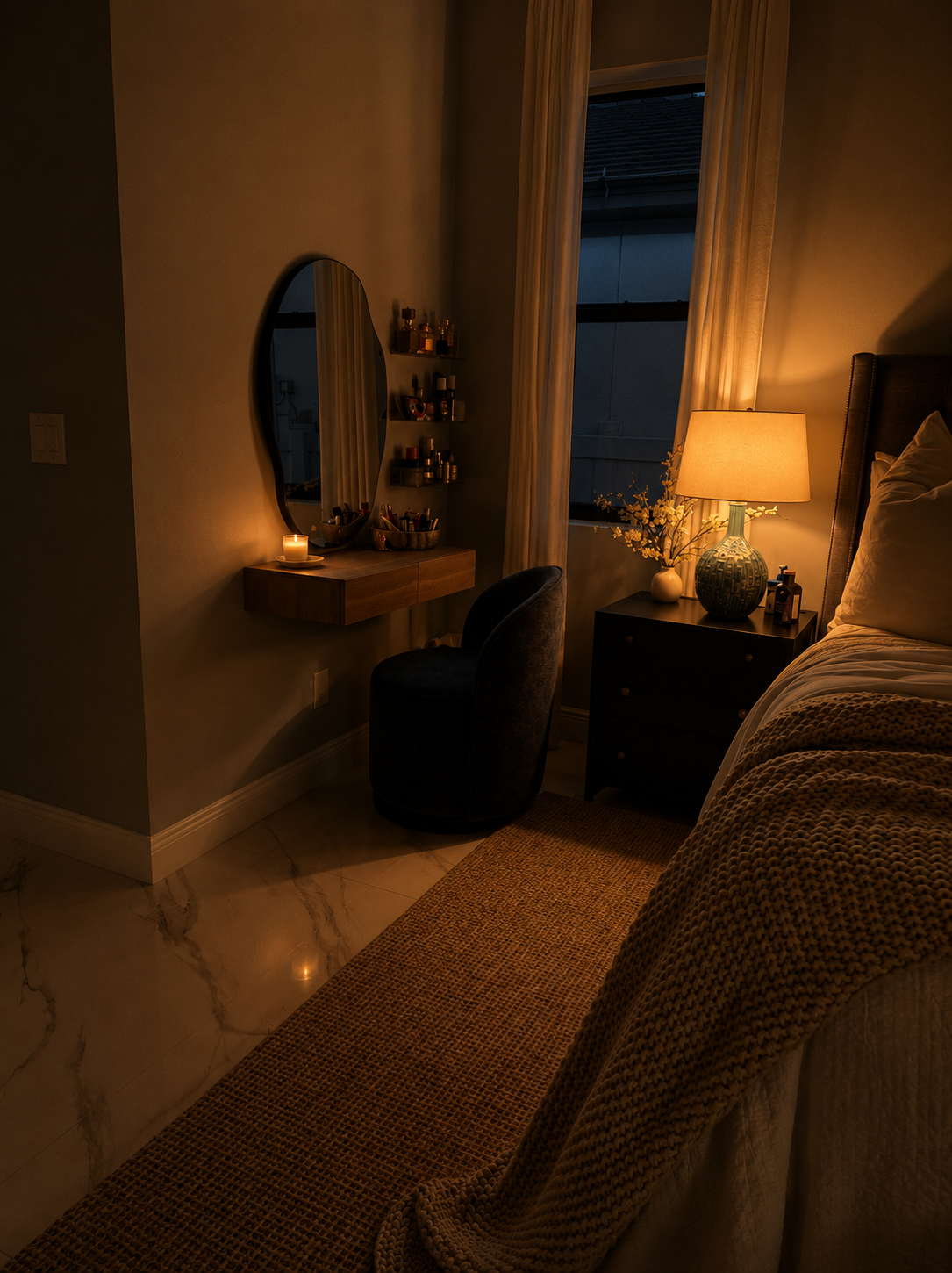 Cozy bedroom corner with vanity, lamp, mirror, chair, and glowing candlelight beside a bed