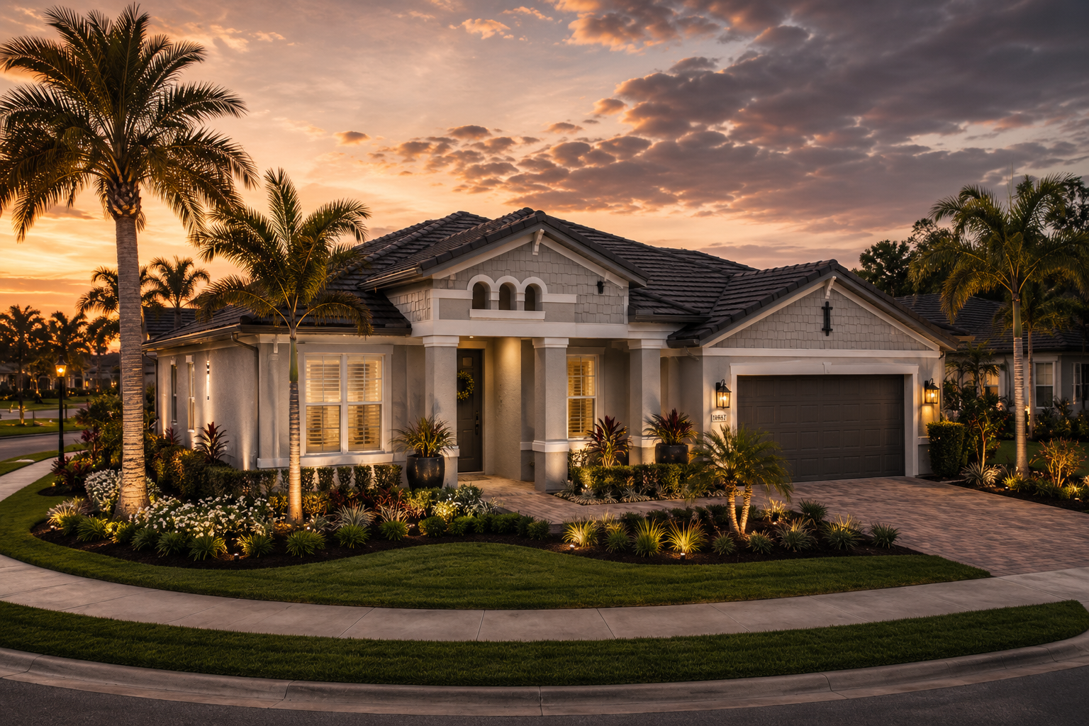 Luxury single-story house with lit windows at sunset, palm trees, and a curved driveway