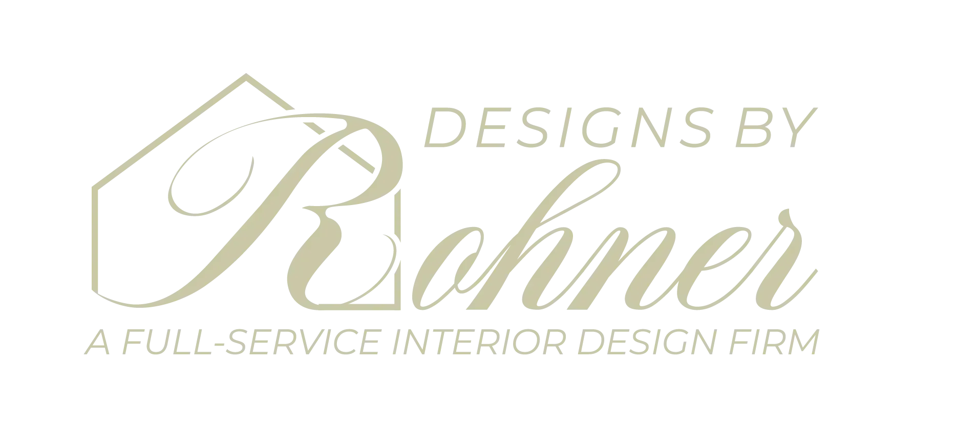 Logo for Designs by Rohner, a full-service interior design firm, in gold script on white background