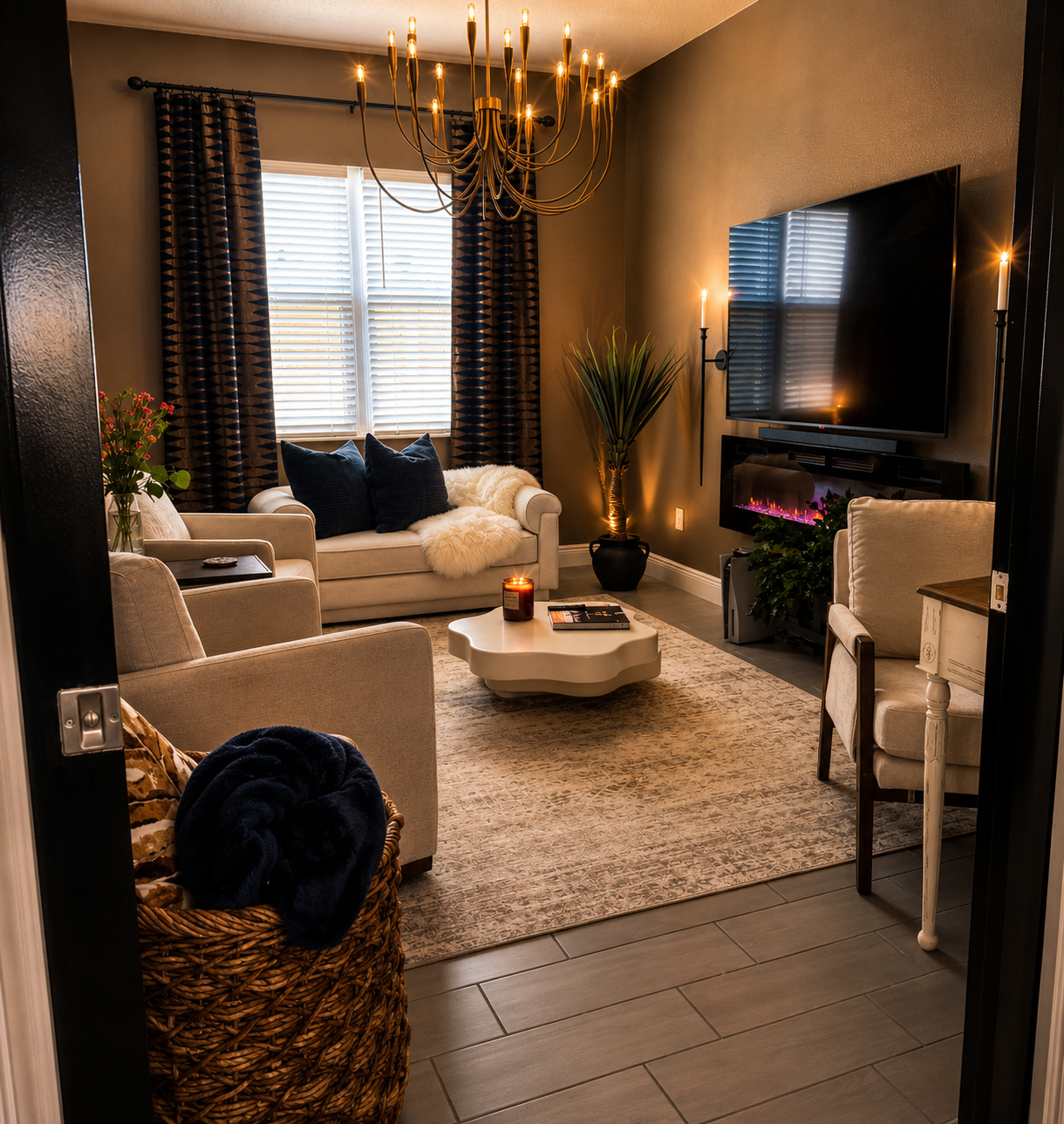 Cozy living room with beige sofa, TV, chandelier, patterned curtains, and warm lighting