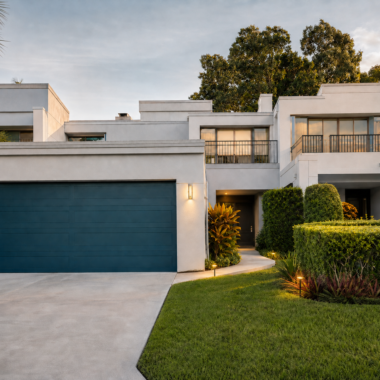 Modern white two-story house with a teal garage door, lit entryway, and manicured lawn at dusk