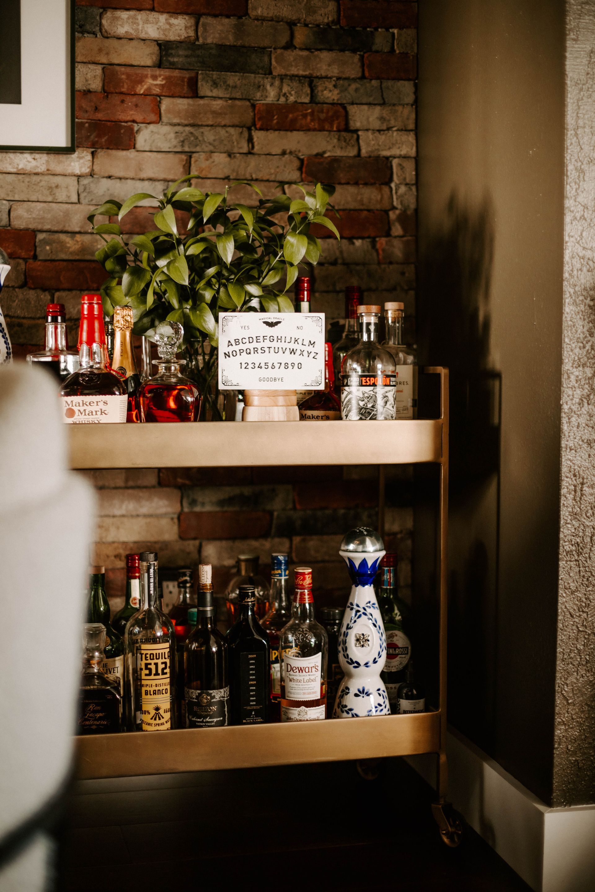 Wooden bar shelves with assorted liquor bottles, a potted plant, and a brick wall backdrop.