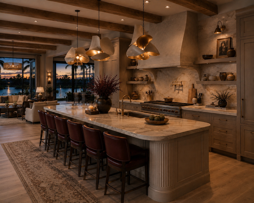 Luxurious kitchen with a large marble island, copper pendant lights, and a built-in range hood