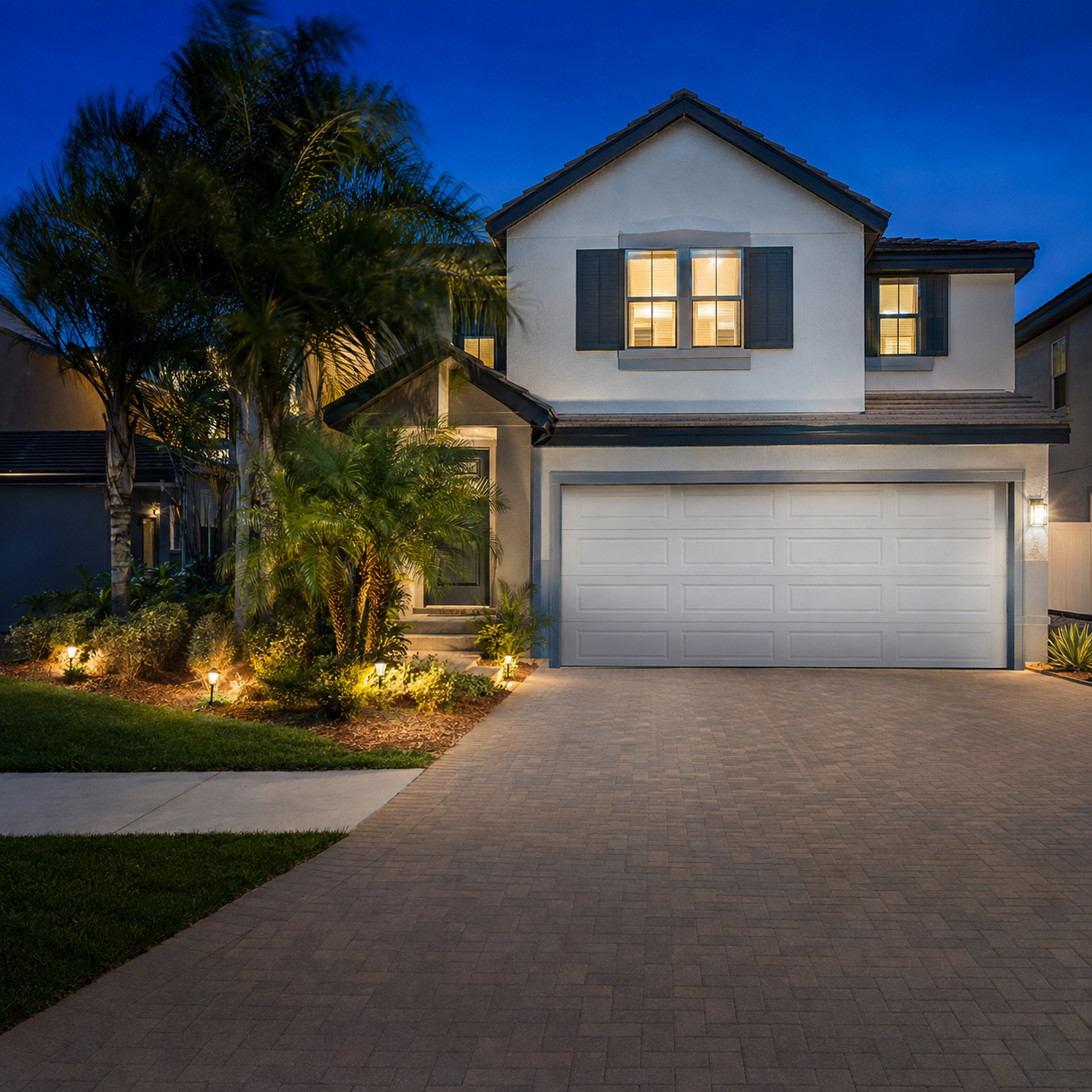 A lit two-story suburban house with a garage, palm trees, and a paved driveway at dusk