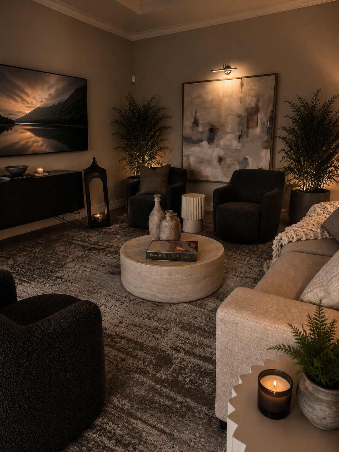 Cozy modern living room with dark chairs, beige sofa, round coffee table, wall art, and warm candlelight