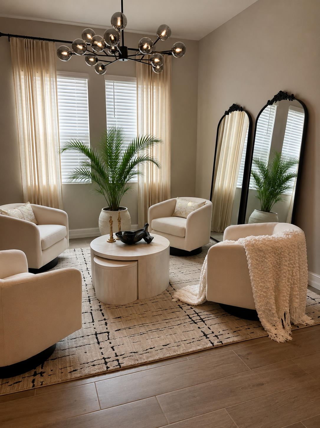 Cozy beige seating area with round coffee table, large mirrors, and a potted palm by the window.