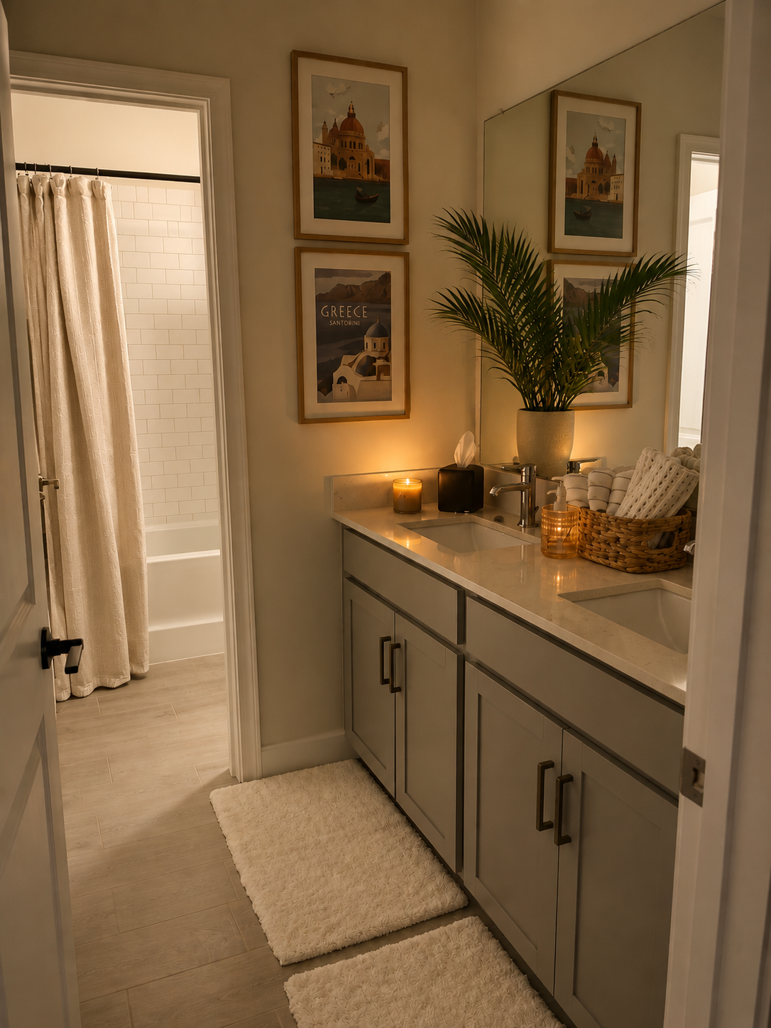 Warm hallway with a gray console table, lit candles, framed art, and a potted plant beside a doorway.