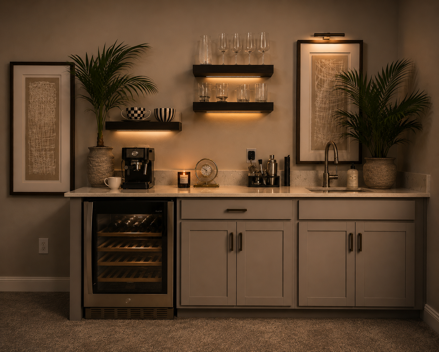 Elegant home bar cabinet with wine cooler, shelves, decor, and warm ambient lighting