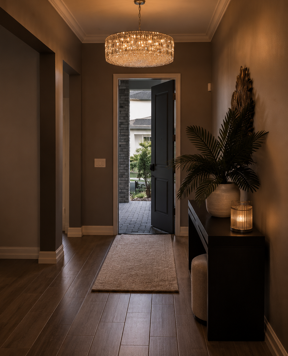 Narrow hallway with wood floors, chandelier, rug runner, console table, and open front door to daylight outside