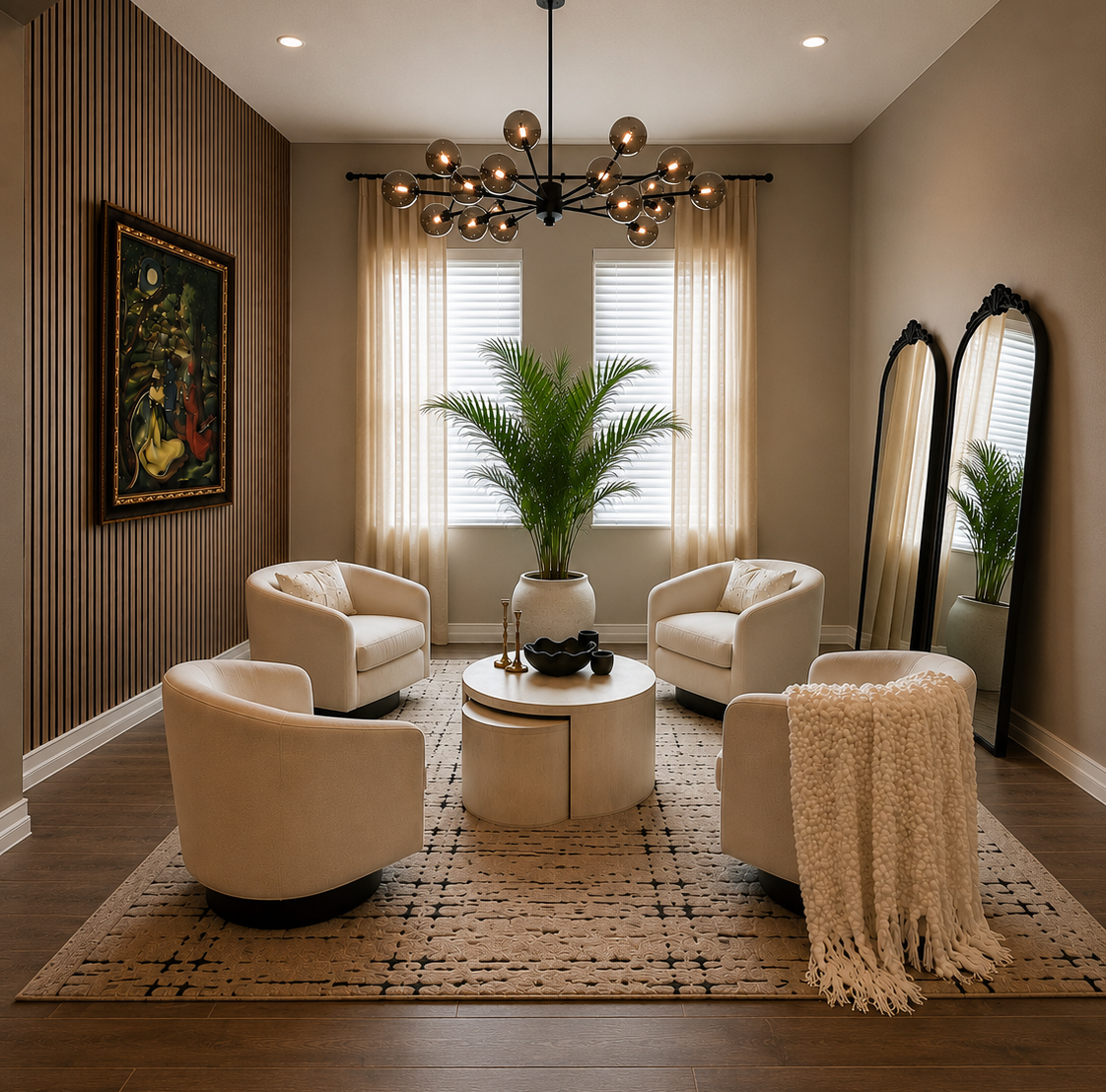 Elegant beige living room with round chairs, chandelier, potted plant, and arched mirror accents