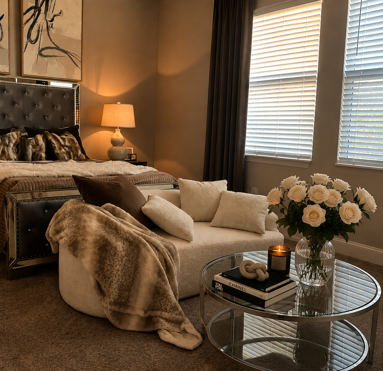 Cozy bedroom with a tufted bed, cream bench, glass coffee table, flowers, and warm lamp lighting.