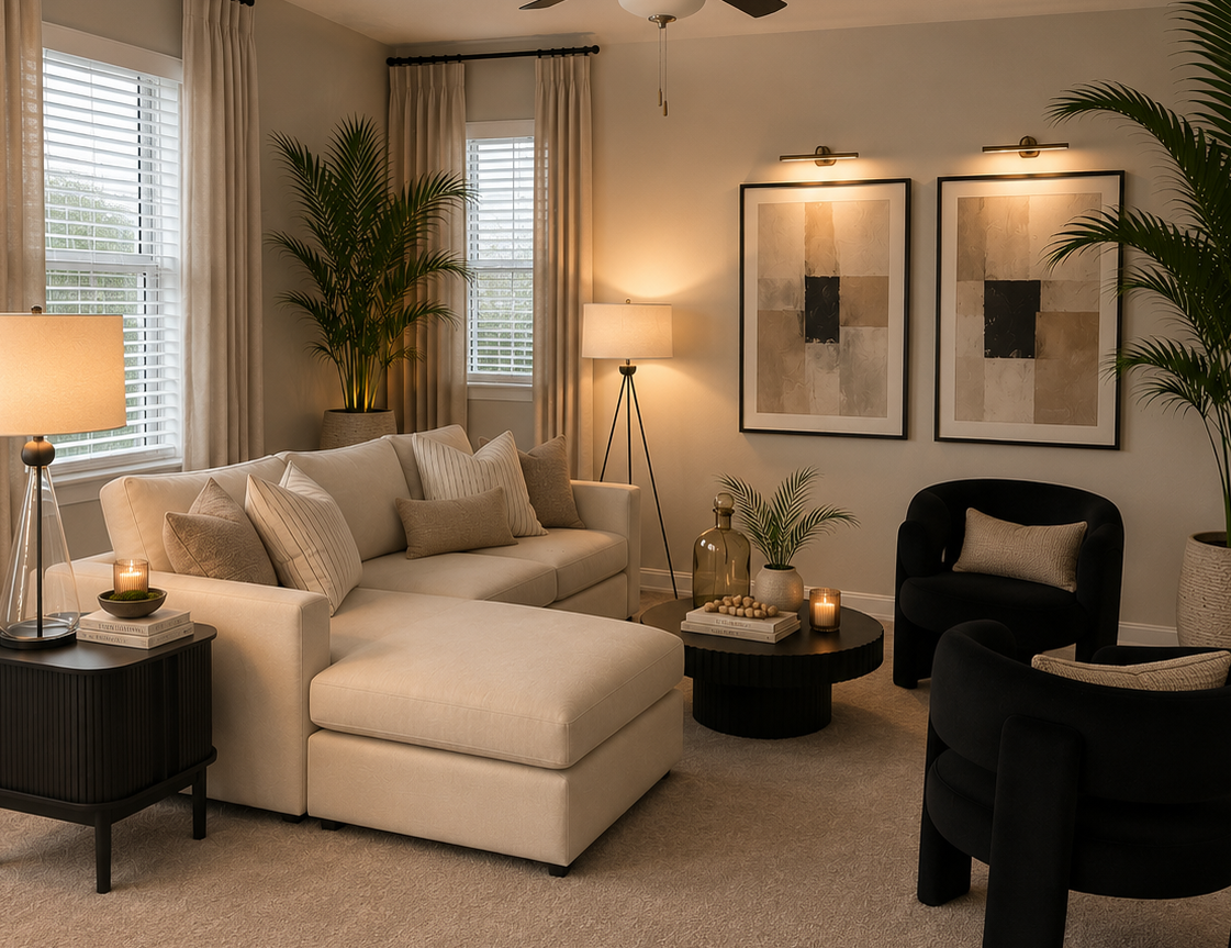 Cozy beige living room with sectional sofa, black chairs, side tables, lamps, and framed wall art.