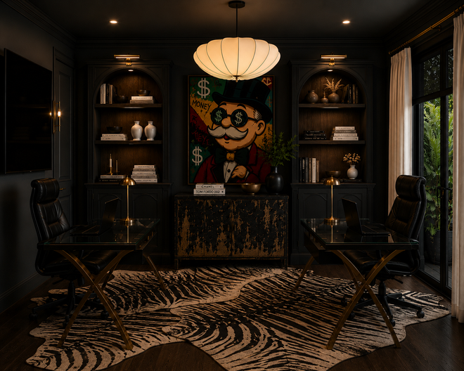 Dim luxury lounge with black shelving, central clown art, chandelier, and zebra rug