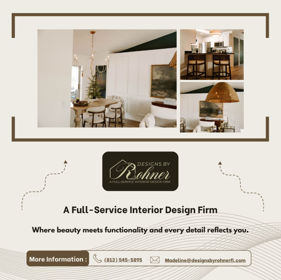 Interior design firm promo with beige-and-brown collage of modern living and dining spaces, logo, and contact info