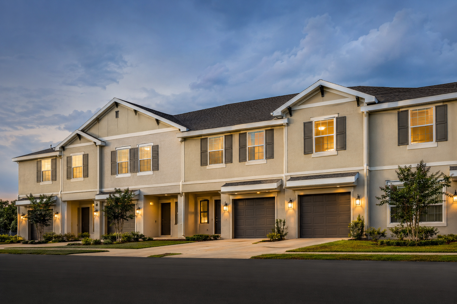 Row of modern beige townhomes with lit windows at dusk