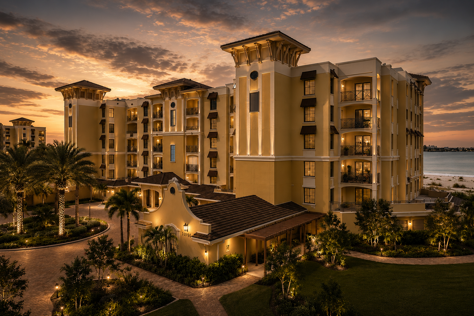 Luxury beachfront resort building at sunset with warm lights and palm trees, overlooking the ocean